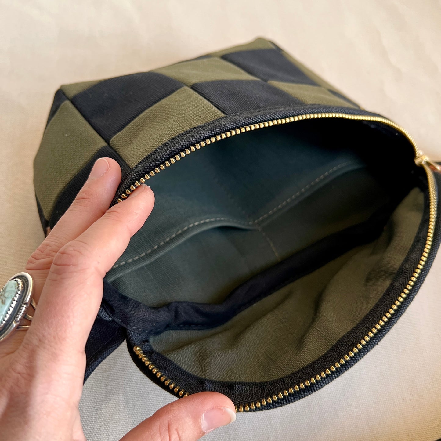 checkerboard fanny bag, black+forest with caramel