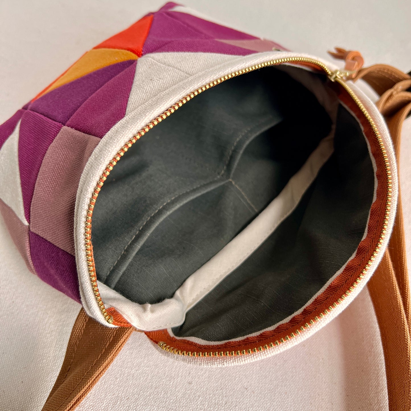 quilt star fanny bag, natural with wine/mauve/tangerine/ochre