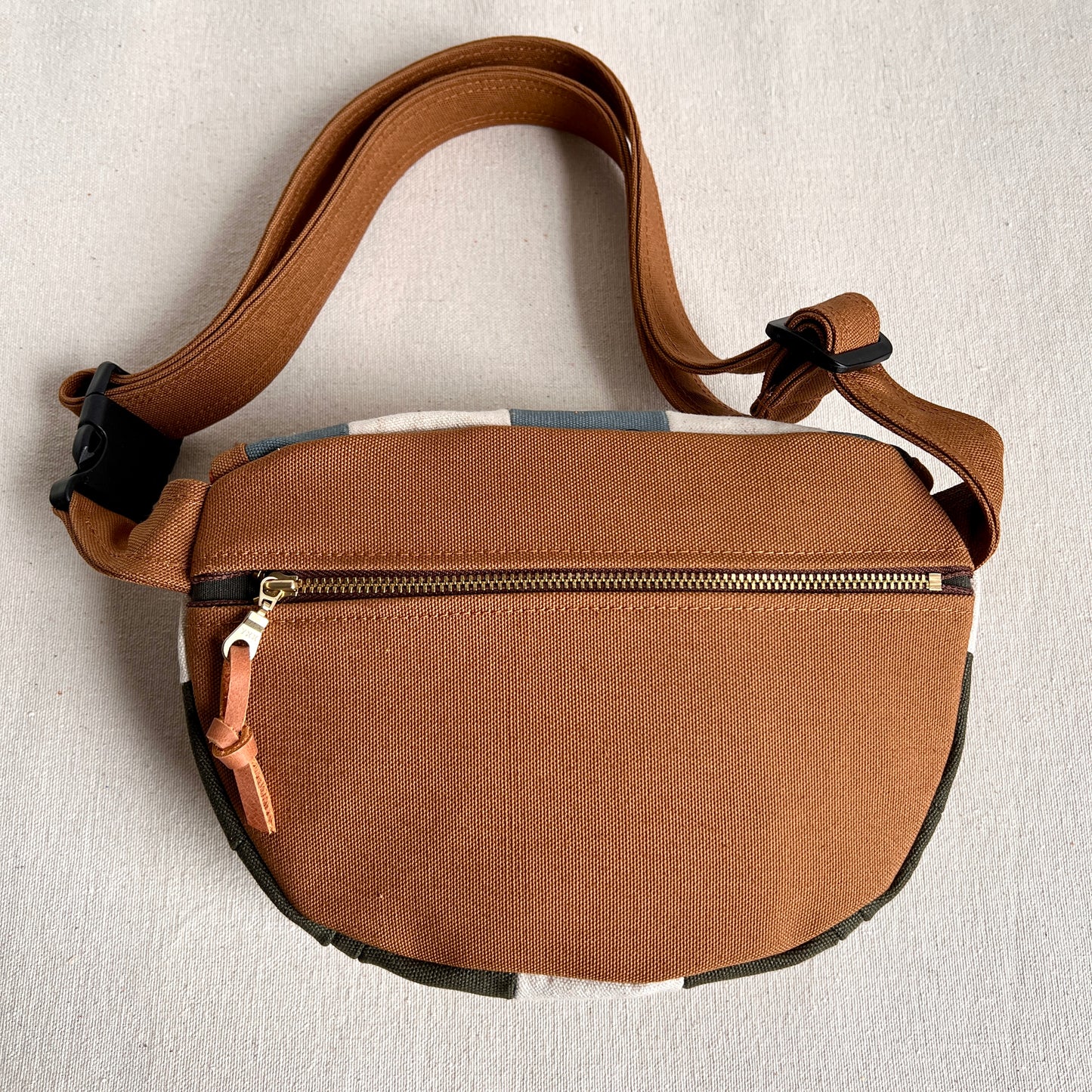 checkerboard fanny bag, natural with slate blue + forest