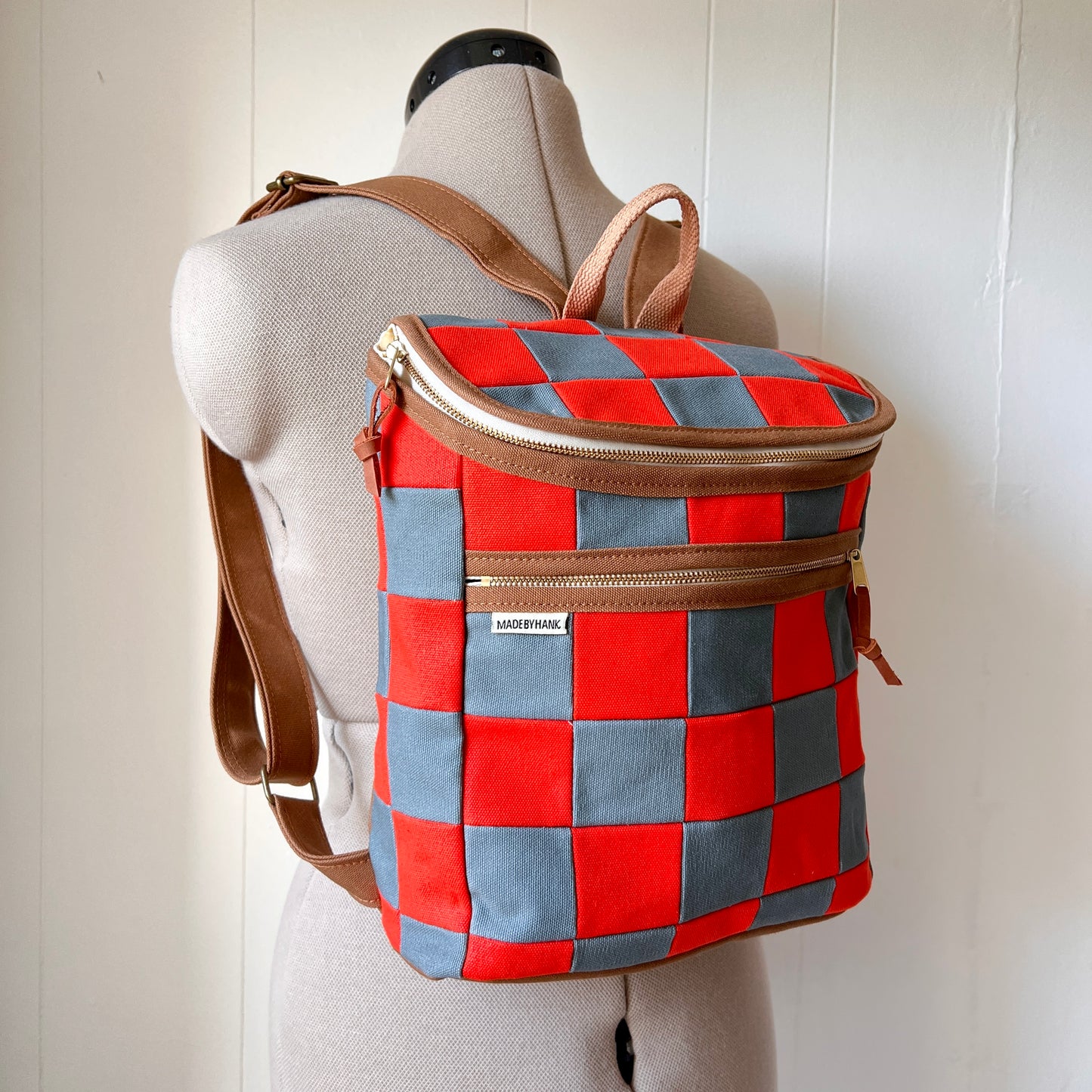 checkerboard backpack, tangerine + steel blue