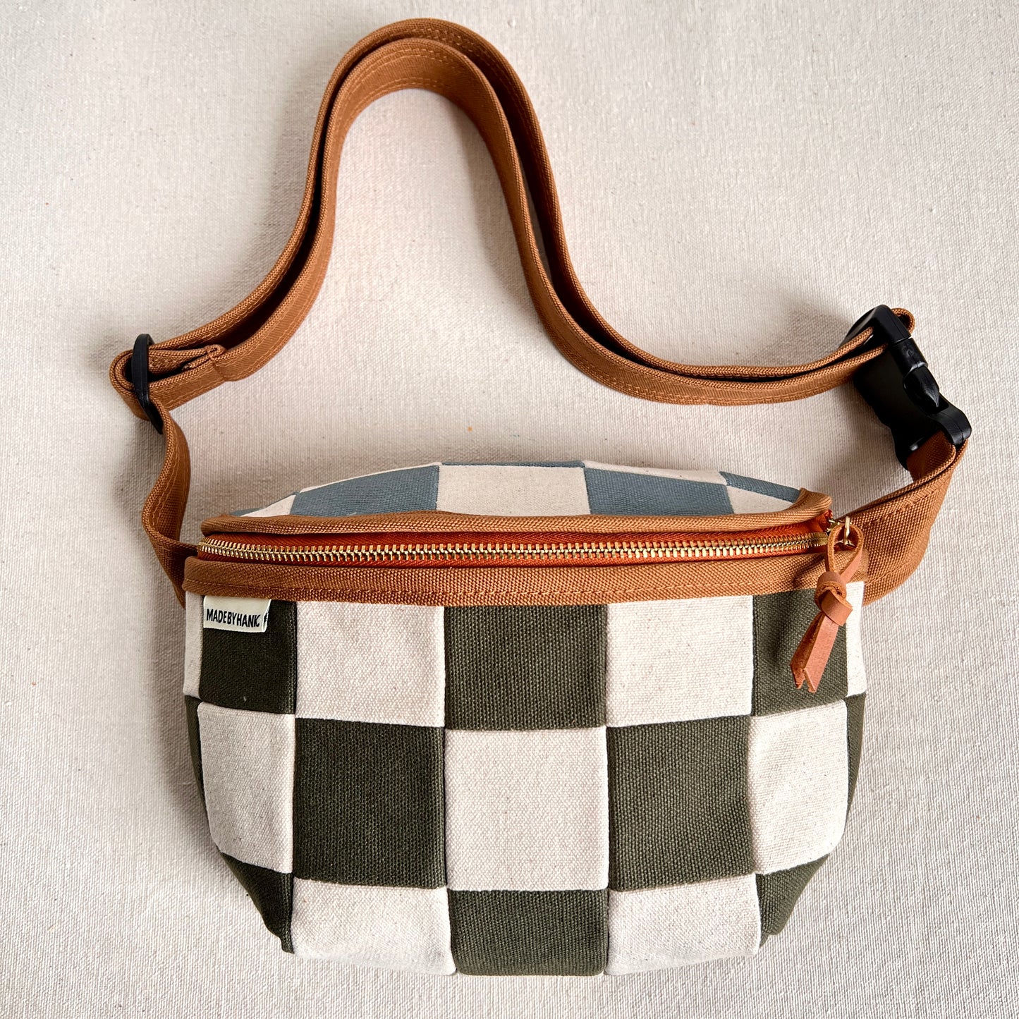 checkerboard fanny bag, natural with slate blue + forest
