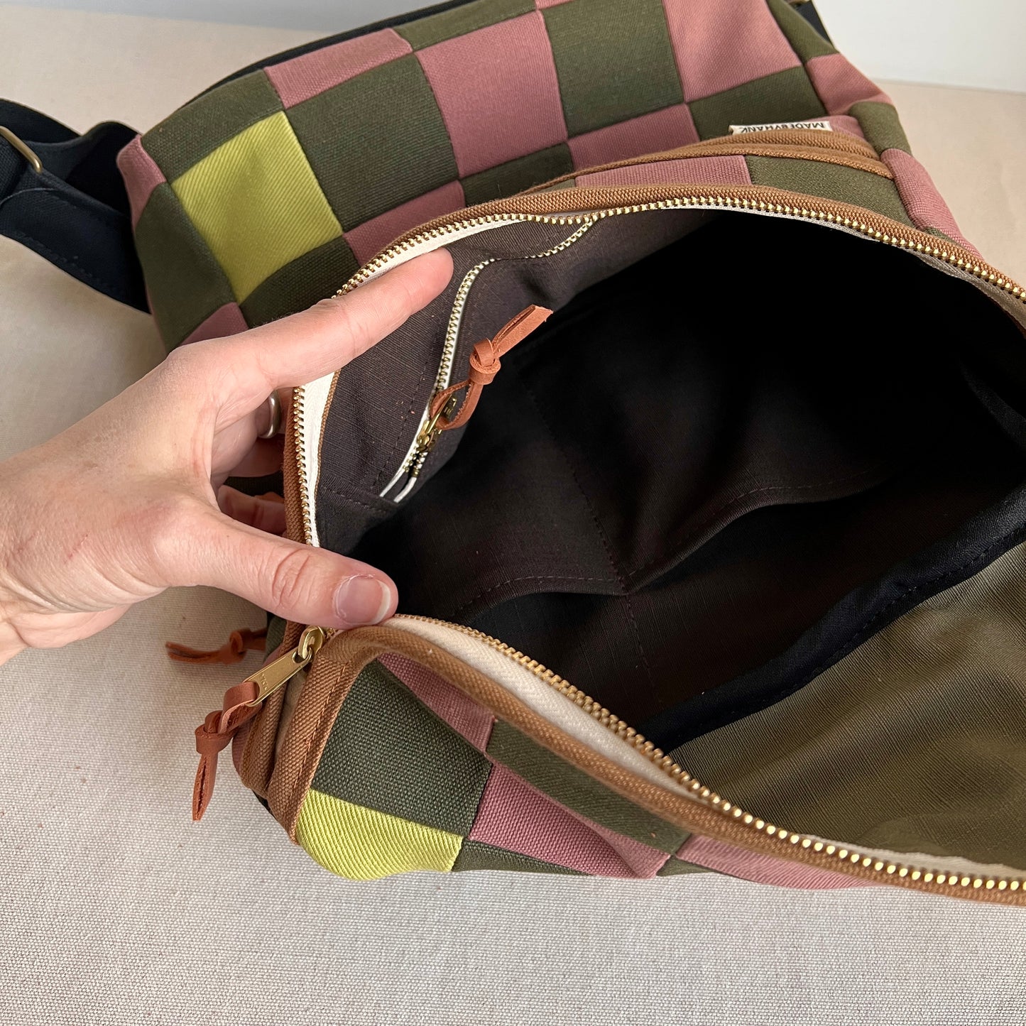 checkerboard backpack, mauve + forest