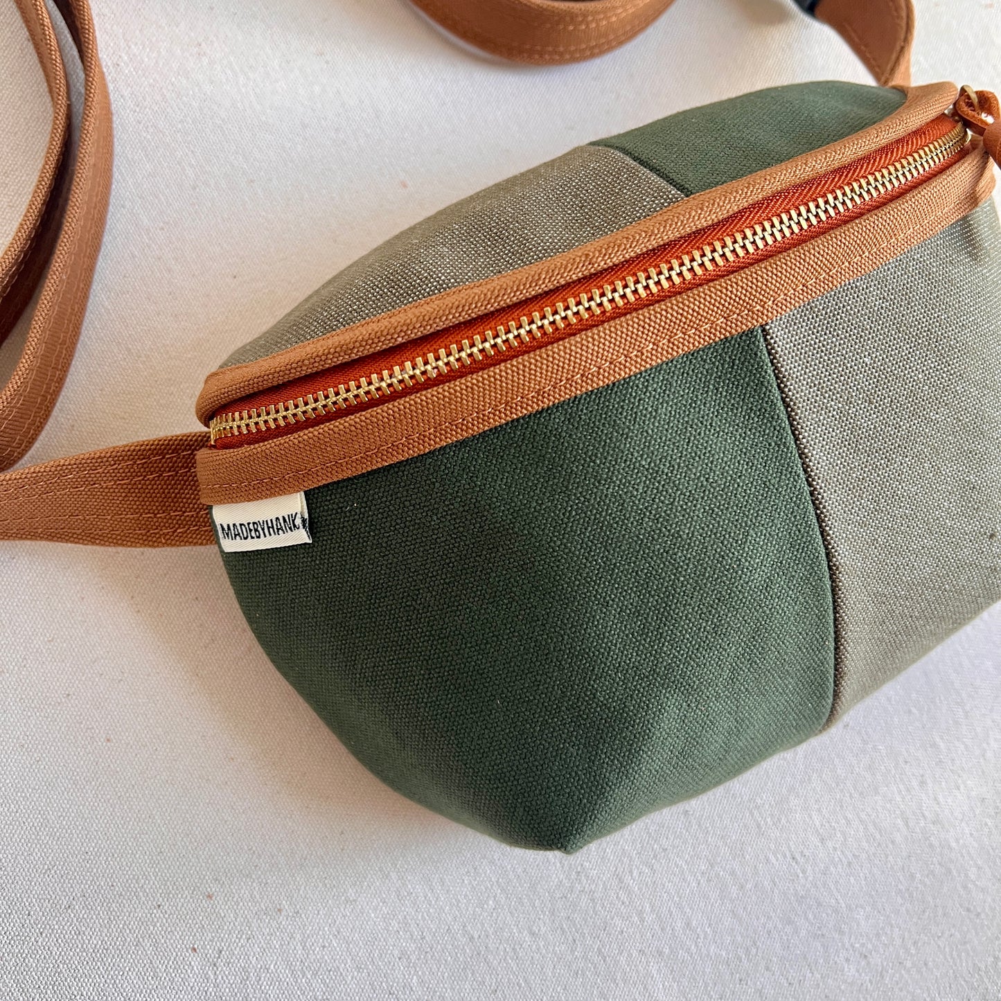 color block fanny bag, forest and muted olive