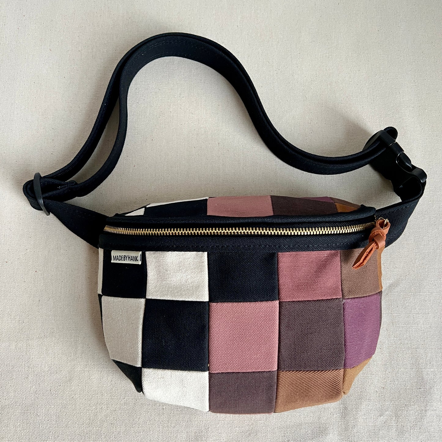 checkerboard fanny bag, black + natural with mauve +browns