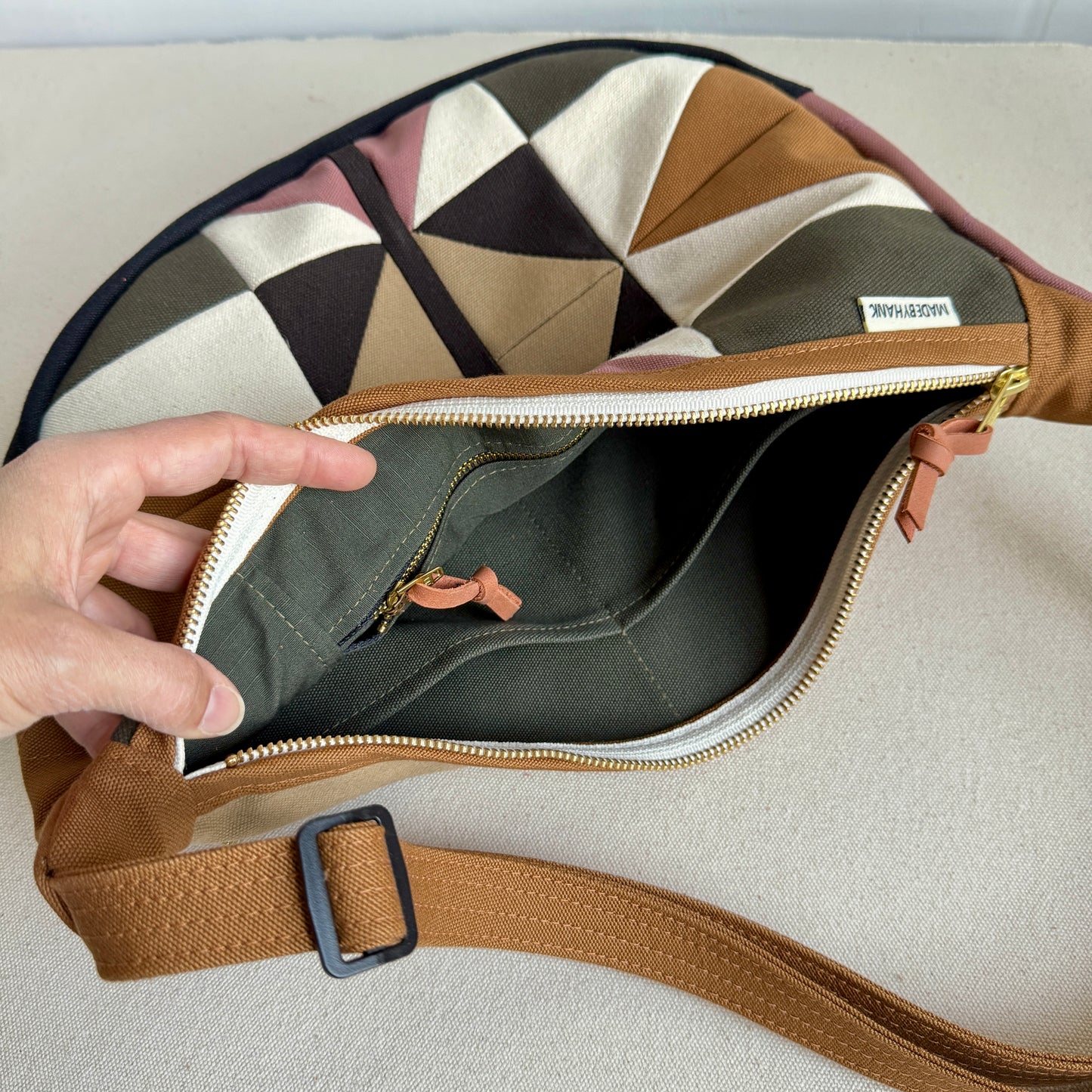 crescent shoulder bag, caramel with mauve/forest/natural/espresso