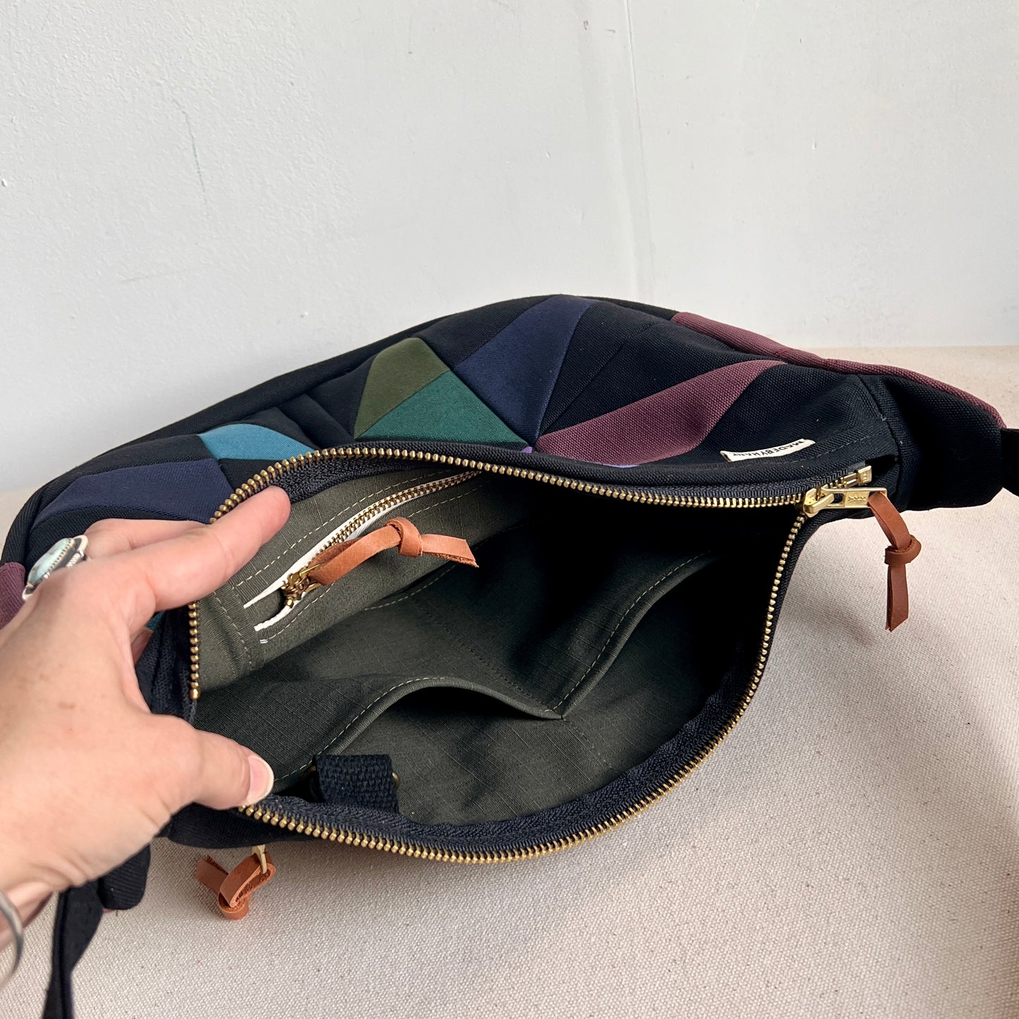 fractured quilt star crescent bag (shoulder/crossbody), black with indigo/navy/raisin etc