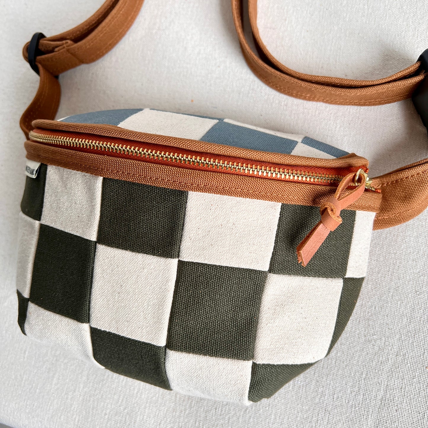 checkerboard fanny bag, natural with slate blue + forest