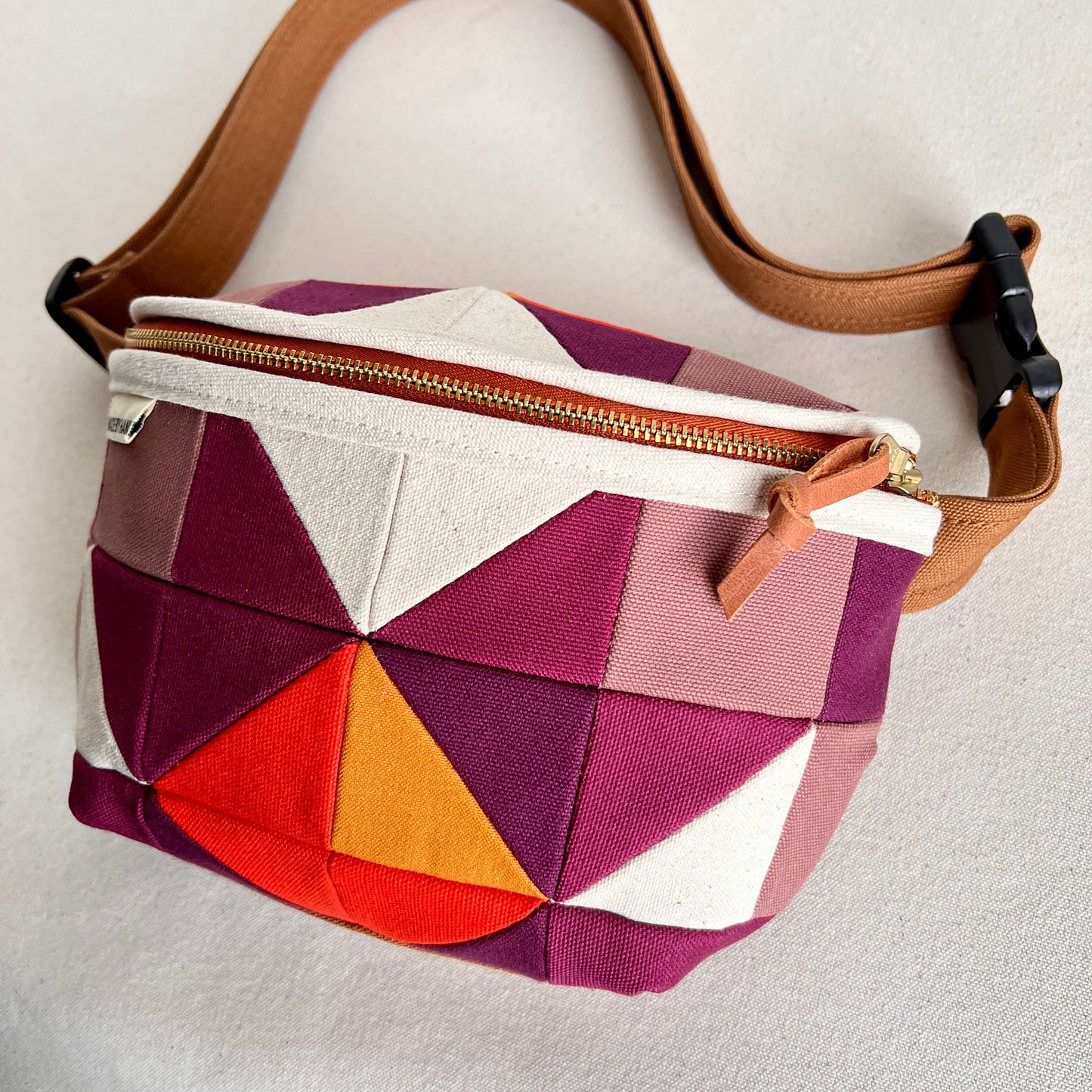quilt star fanny bag, natural with wine/mauve/tangerine/ochre