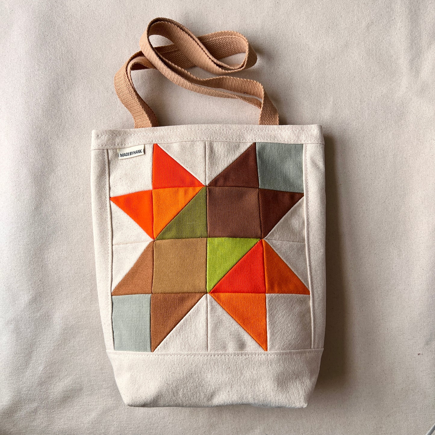 small quilt star tote, orange/lime/avocado/pale seaglass