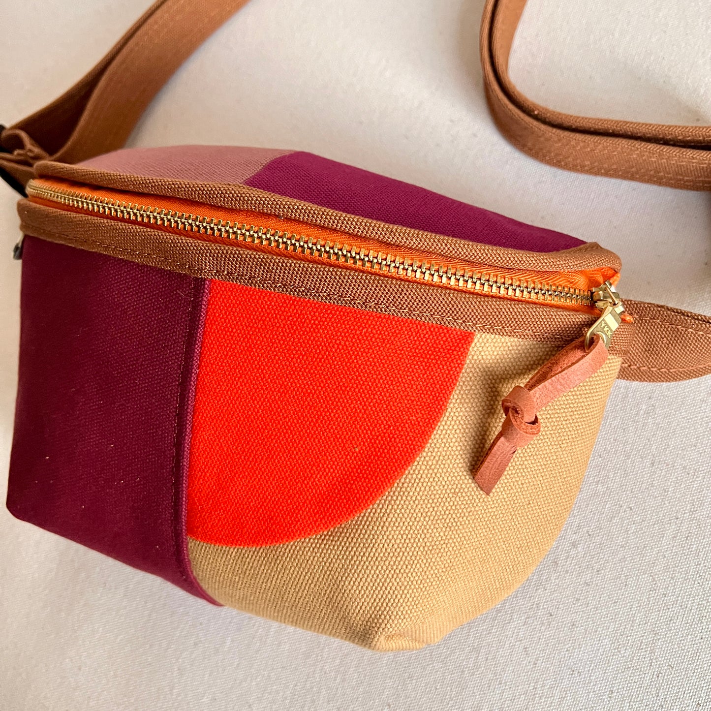 color block fanny bag, caramel/wine/honey/tangerine