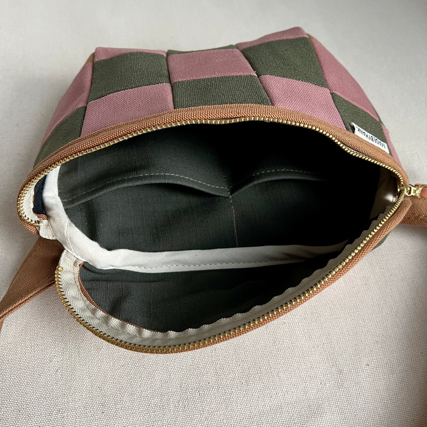 checkerboard fanny bag, mauve + forest