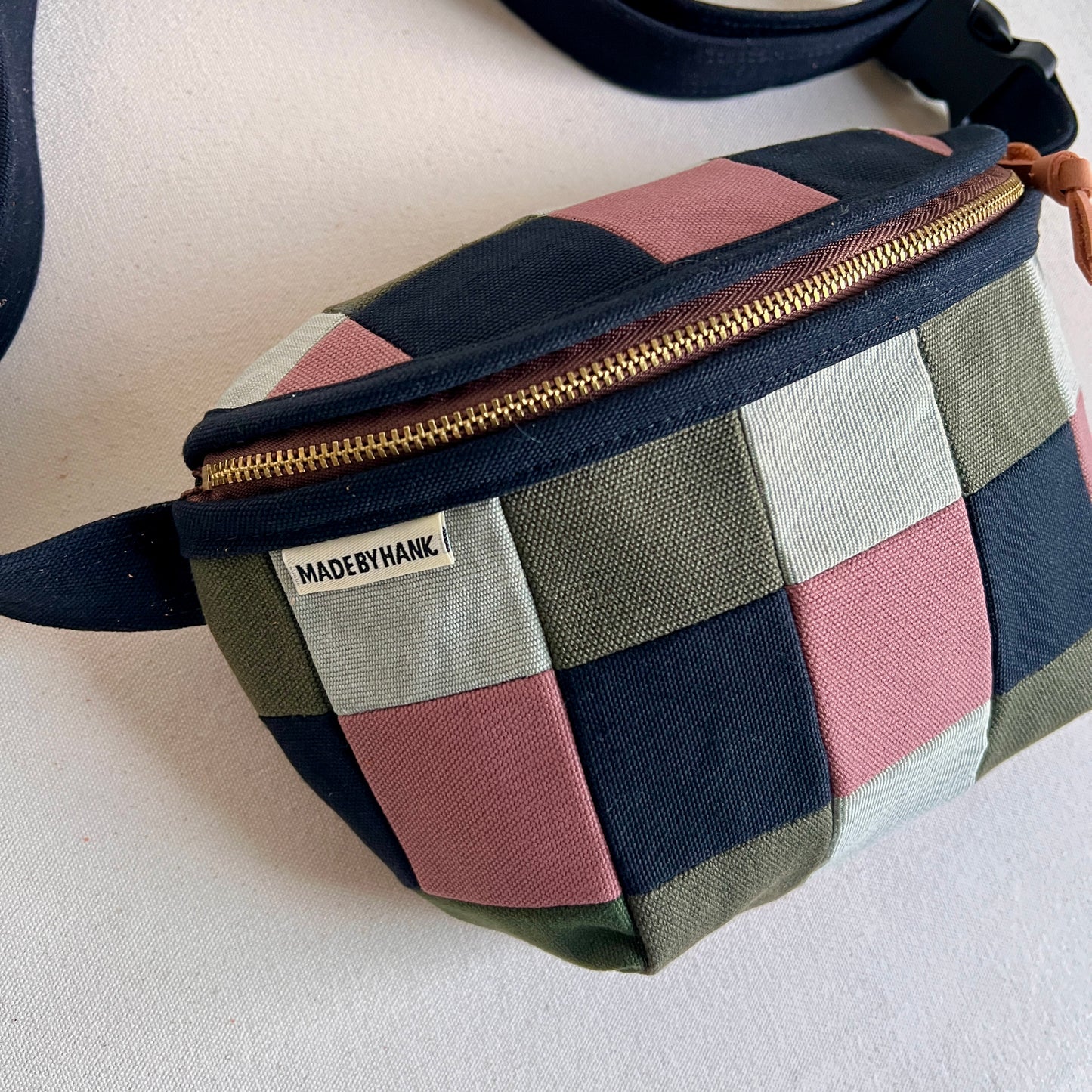 checkerboard fanny bag, mauve/seaglass/black/forest