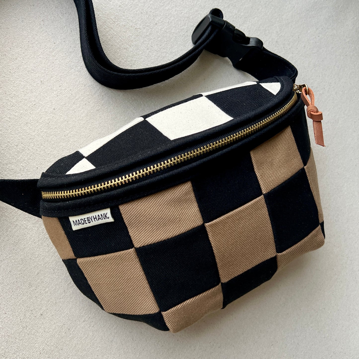 checkerboard fanny bag, black + sand