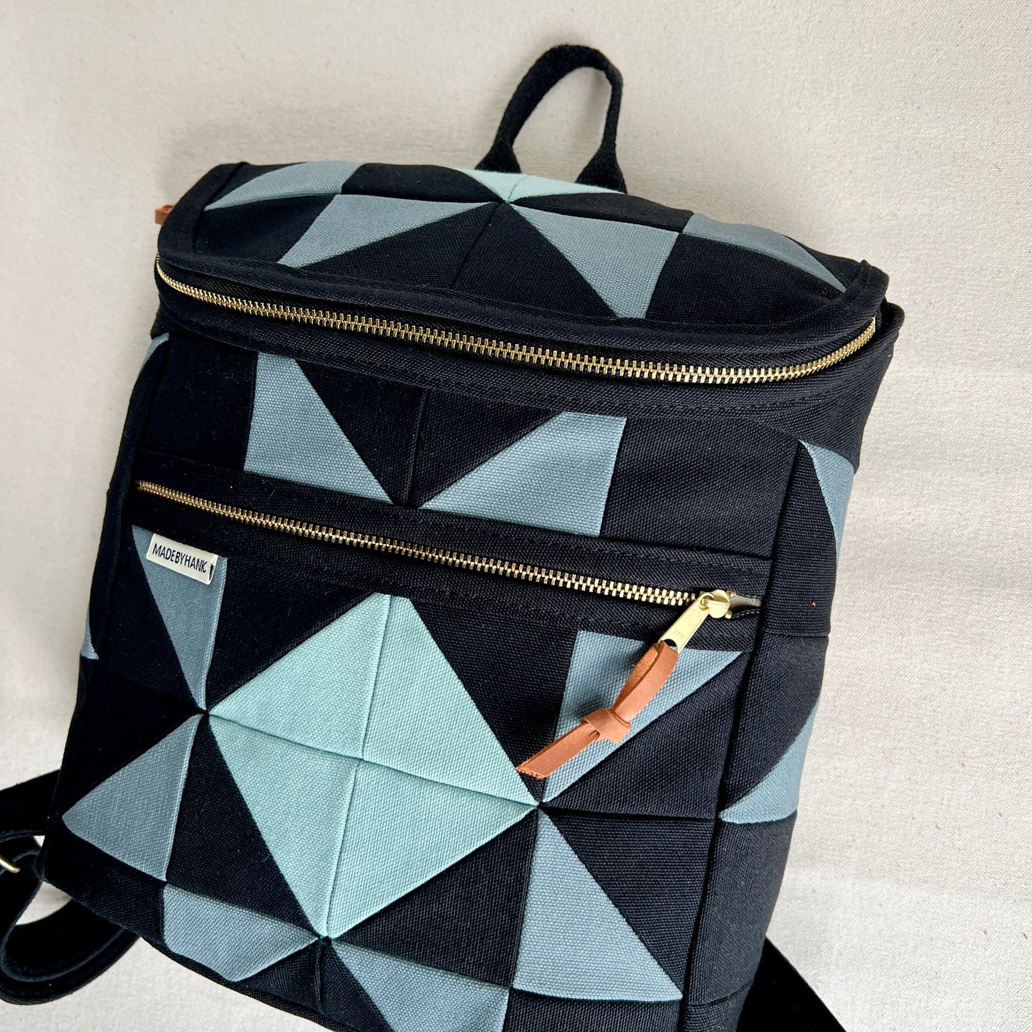 sawtooth star backpack, black with steel blue and muted aqua