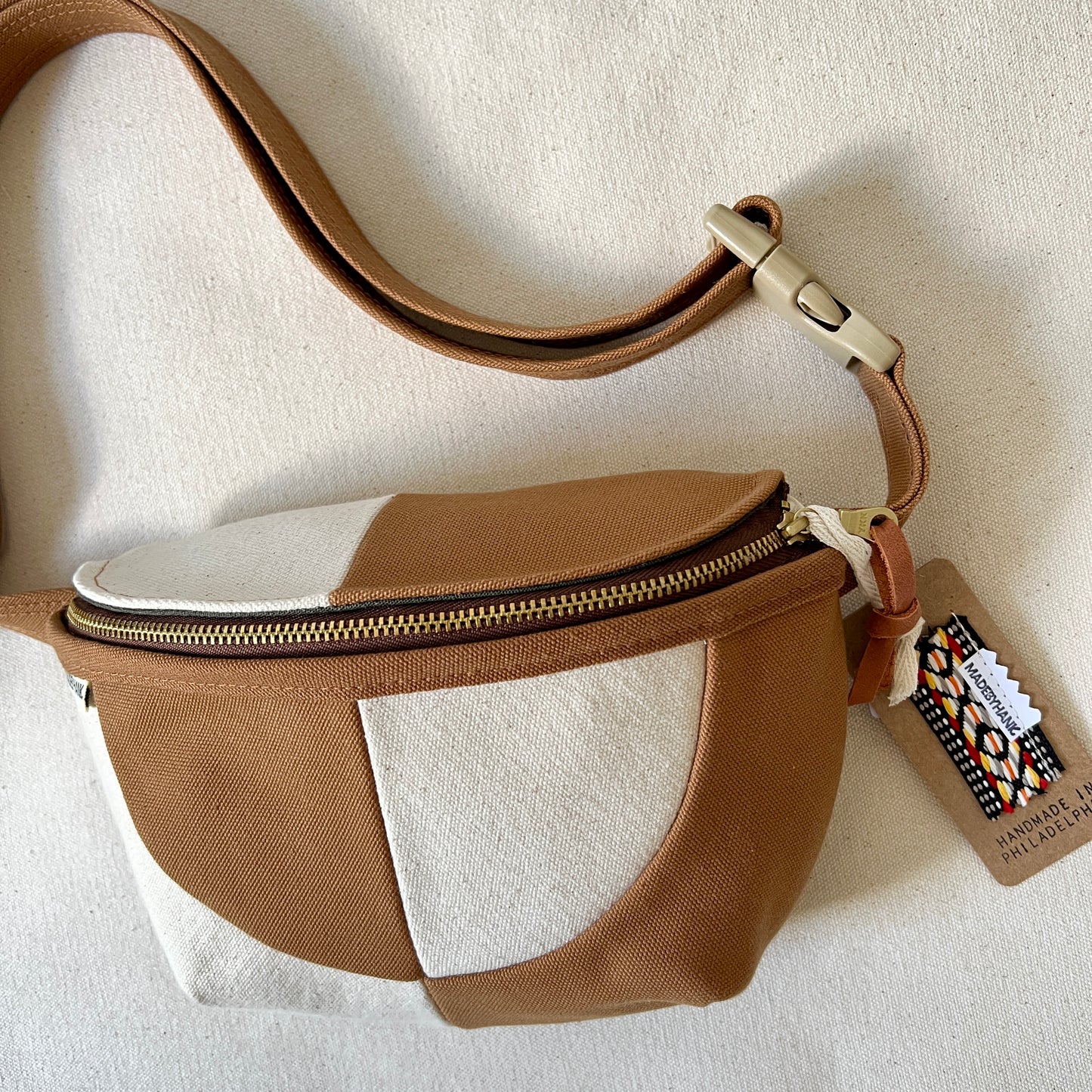 color block fanny bag, caramel + natural
