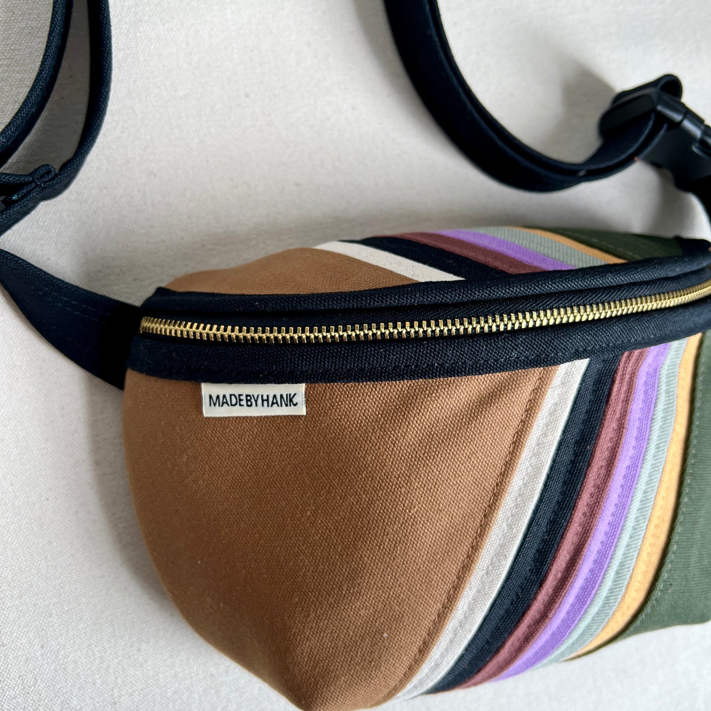 retro stripes fanny bag, forest/caramel/lavender/sea glass/mustard