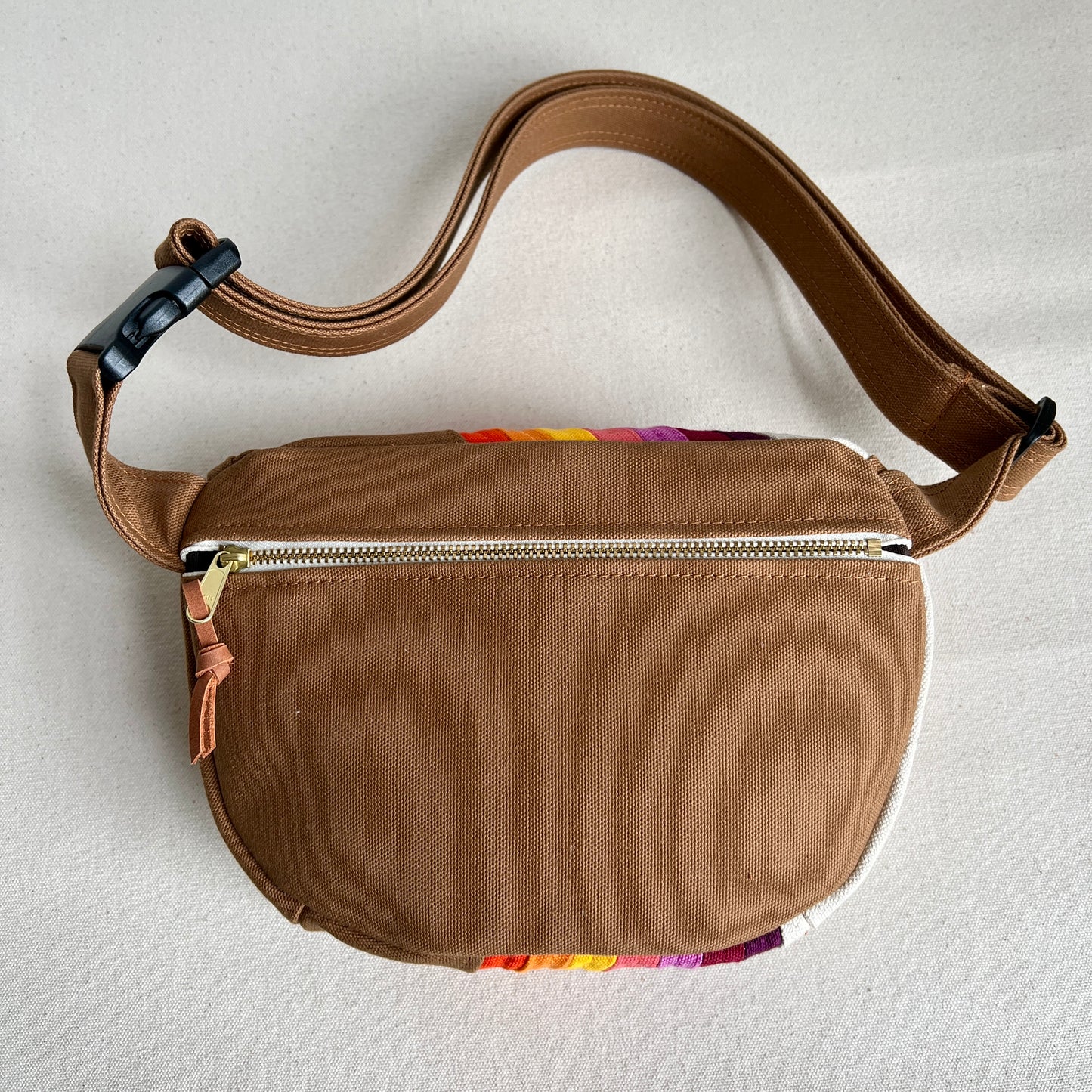 retro stripes fanny bag, oranges/purples/yellow/caramel
