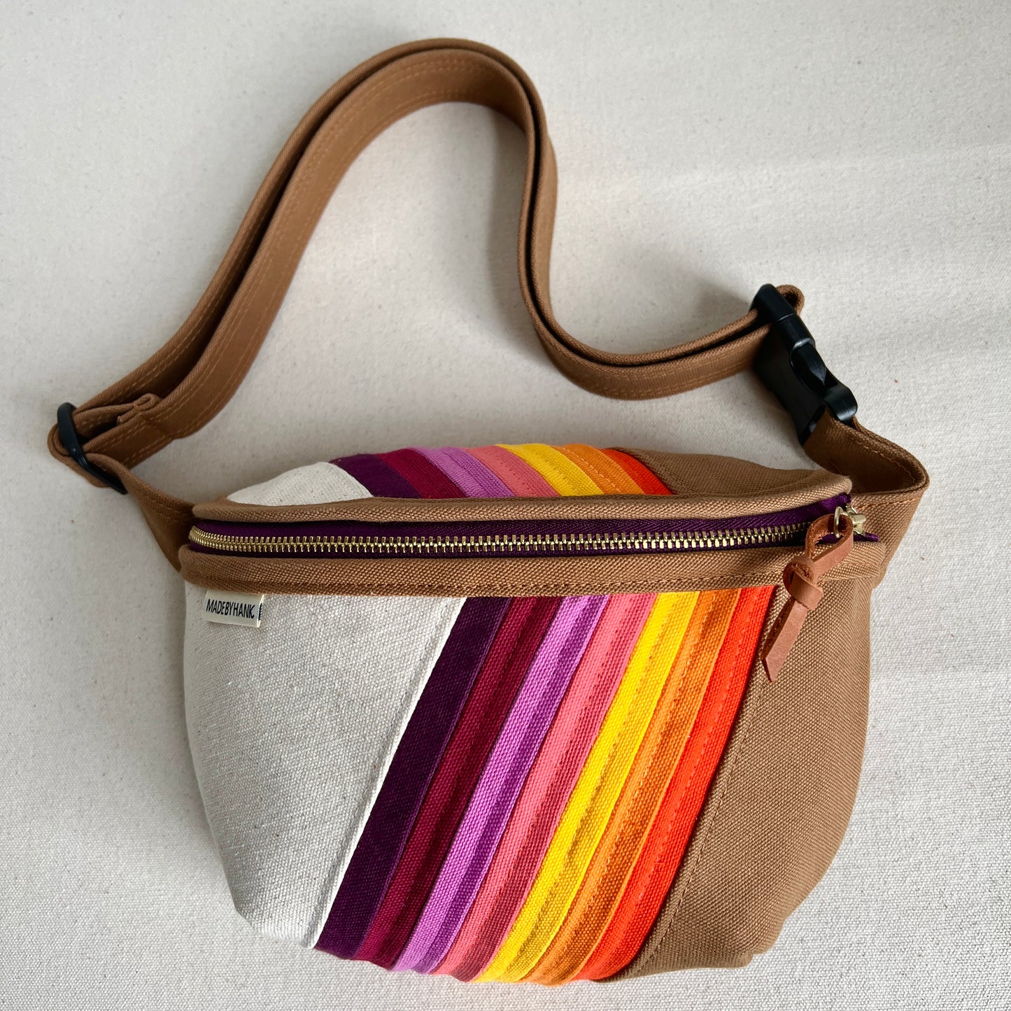 retro stripes fanny bag, oranges/purples/yellow/caramel