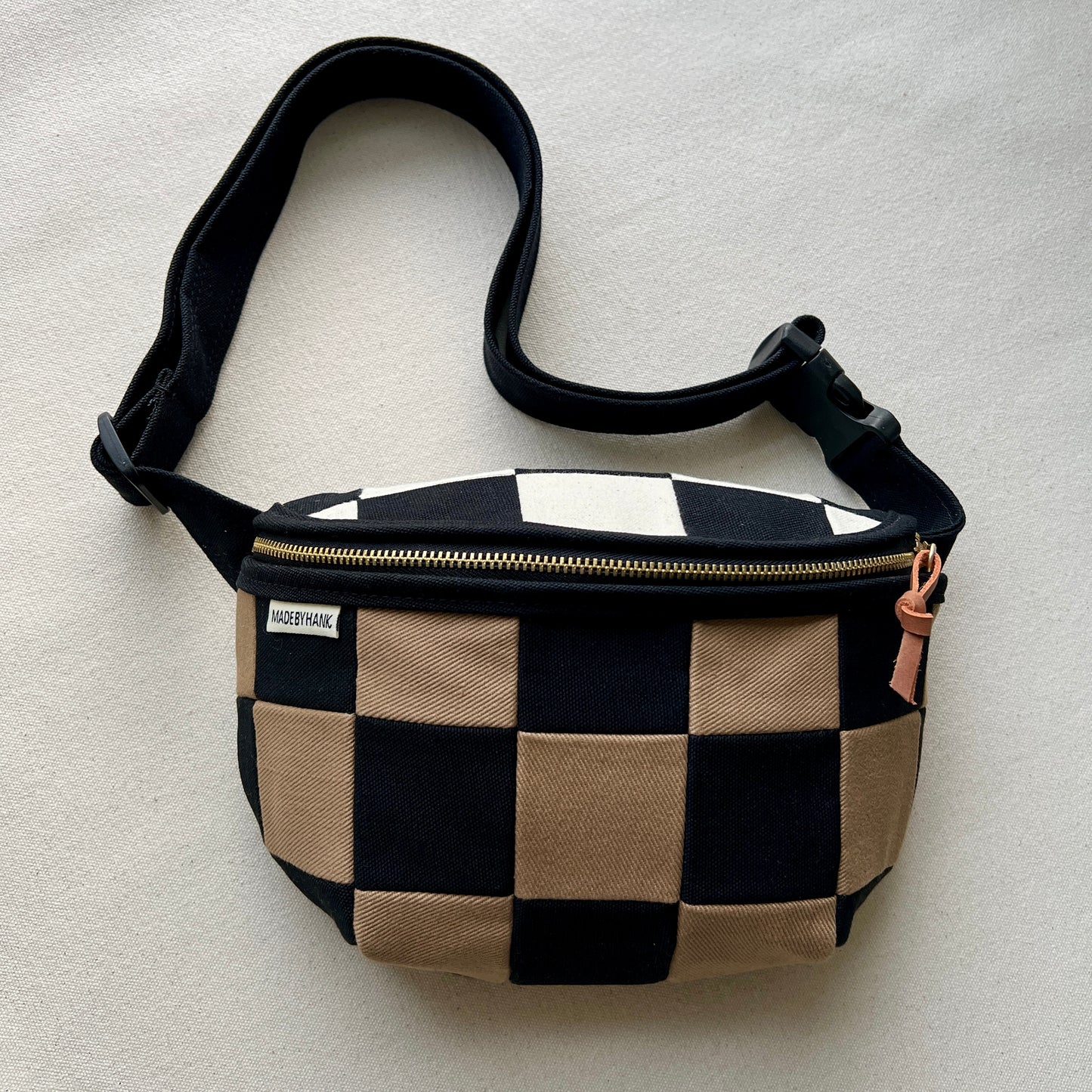 checkerboard fanny bag, black + sand