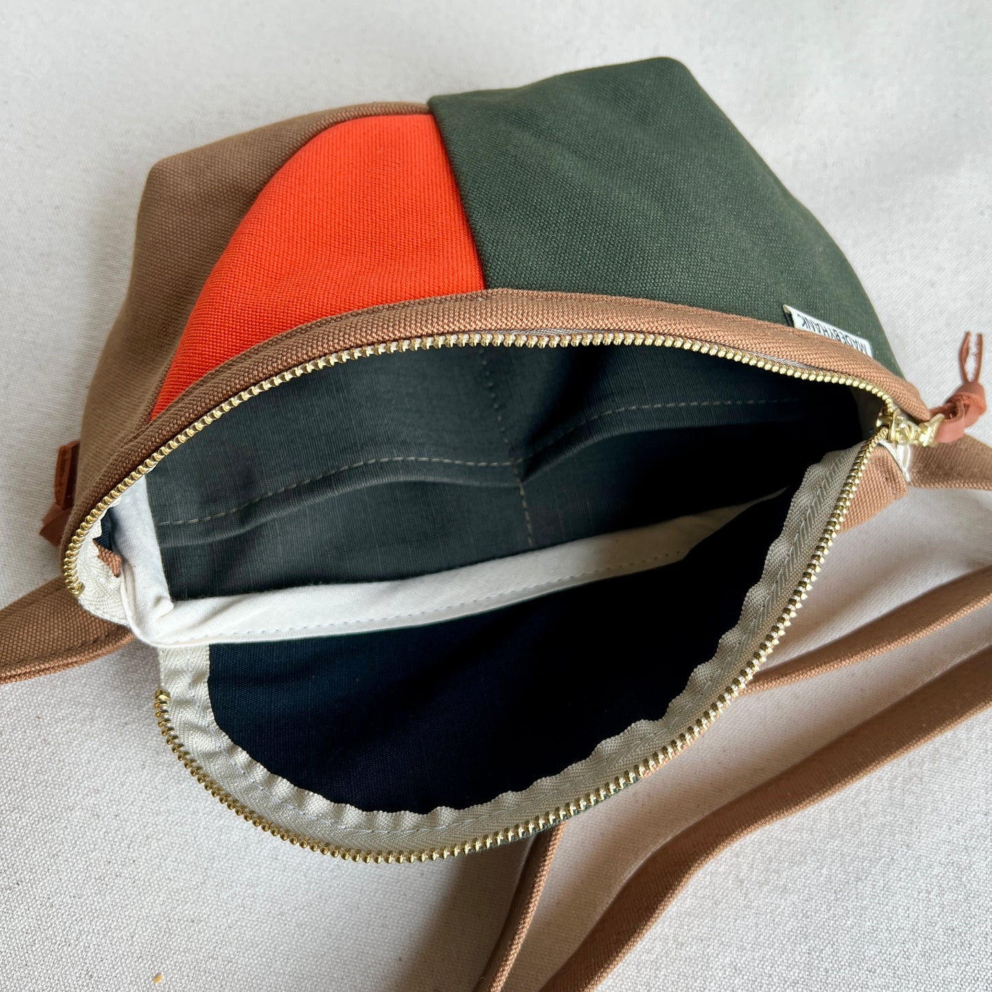 color block fanny bag, forest + caramel with tangerine