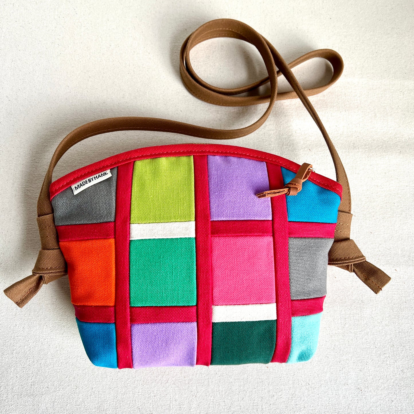 double-sided grid bag, red with lime/lavender/gray/hot pink/jade etc