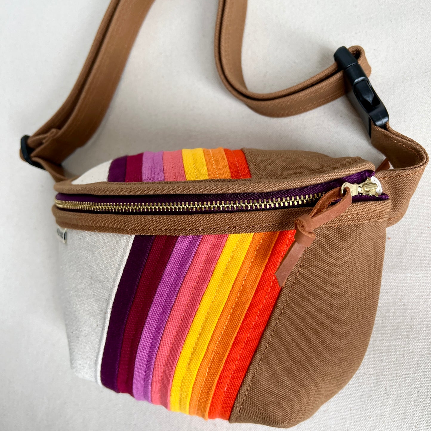 retro stripes fanny bag, oranges/purples/yellow/caramel