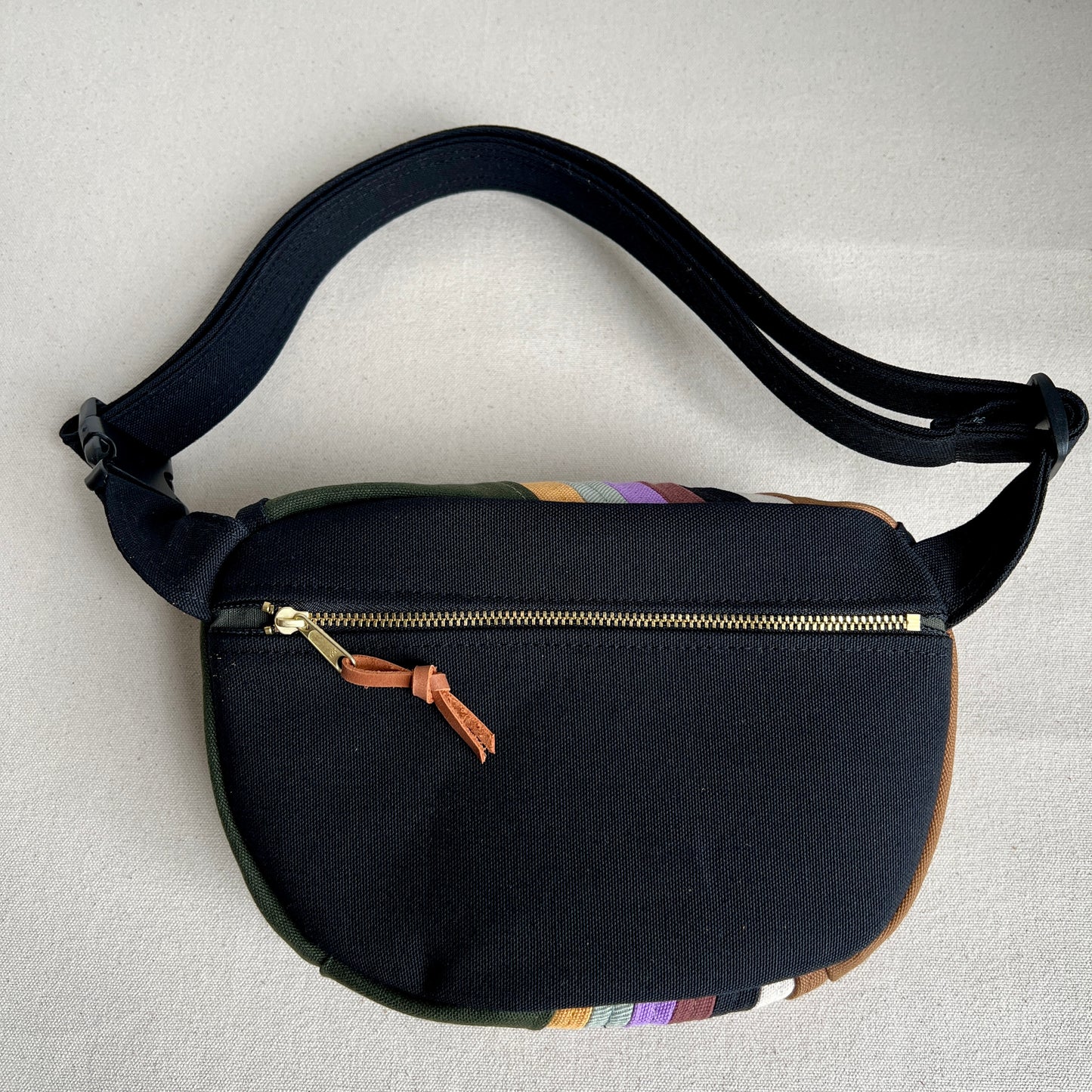retro stripes fanny bag, forest/caramel/lavender/sea glass/mustard