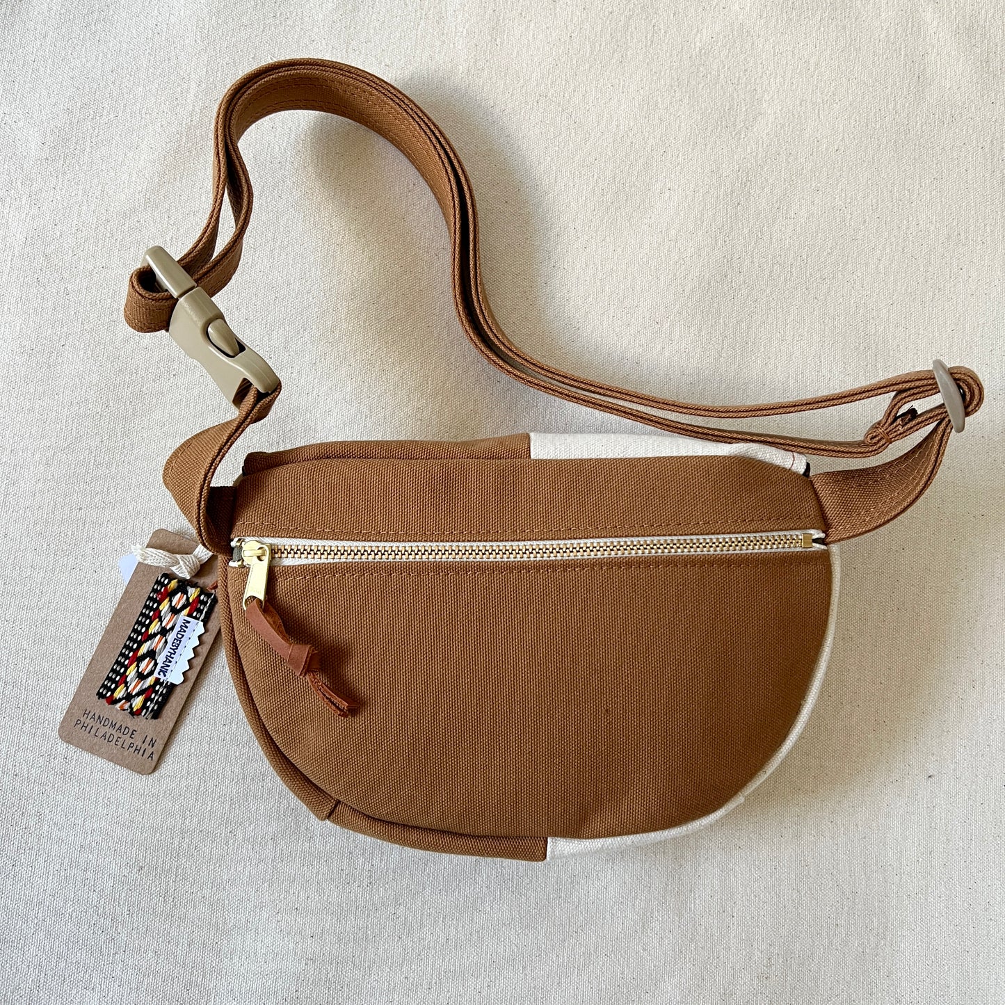 color block fanny bag, caramel + natural