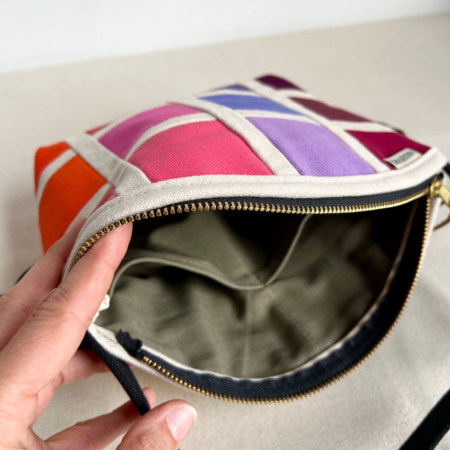 double-sided grid bag, red with lime/lavender/gray/hot pink/jade etc