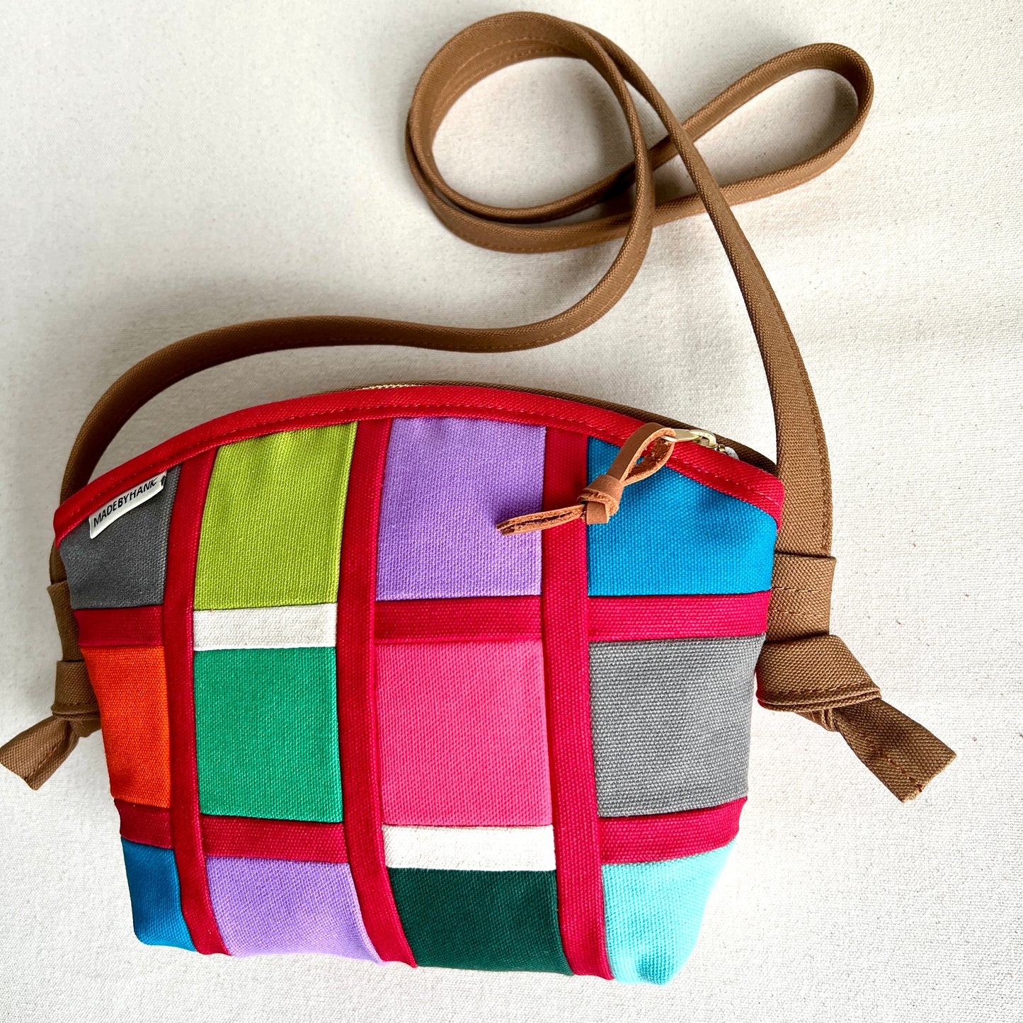 double-sided grid bag, red with lime/lavender/gray/hot pink/jade etc