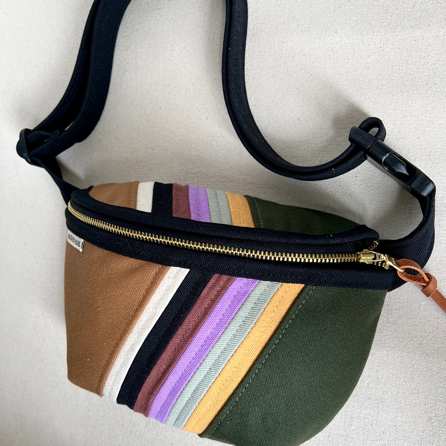 retro stripes fanny bag, forest/caramel/lavender/sea glass/mustard
