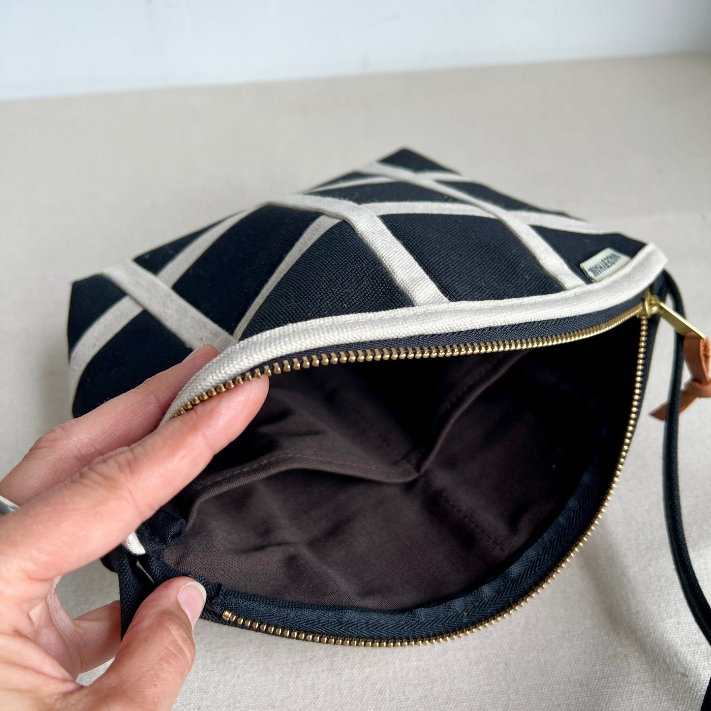 double-sided grid crossbody, black + natural