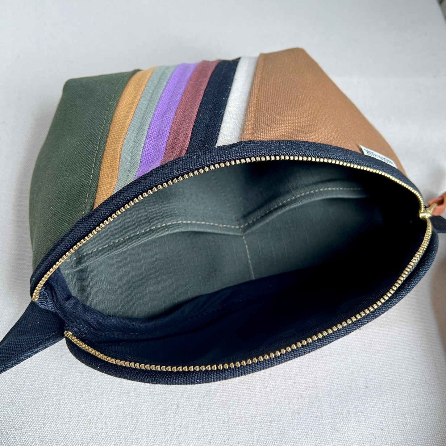 retro stripes fanny bag, forest/caramel/lavender/sea glass/mustard