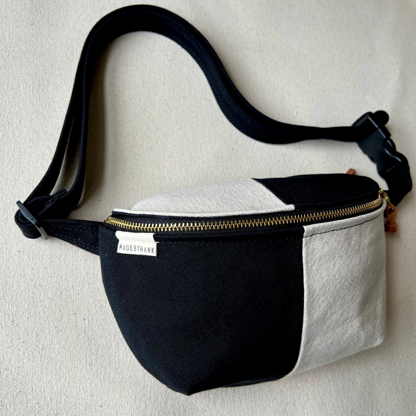 two-tone fanny bag, black + natural canvas