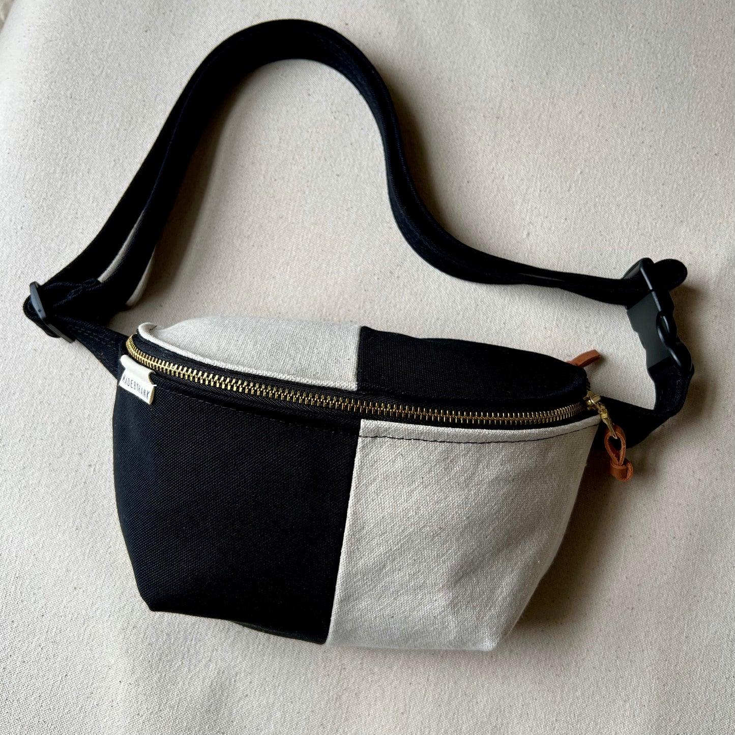 two-tone fanny bag, black + natural canvas