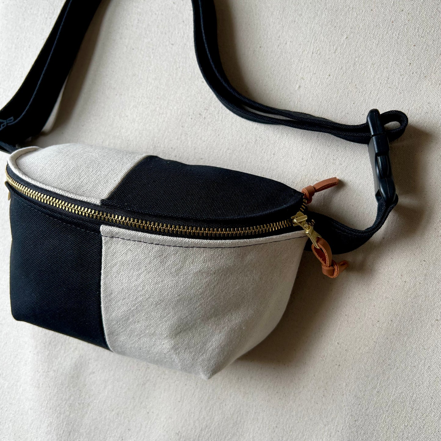 two-tone fanny bag, black + natural canvas