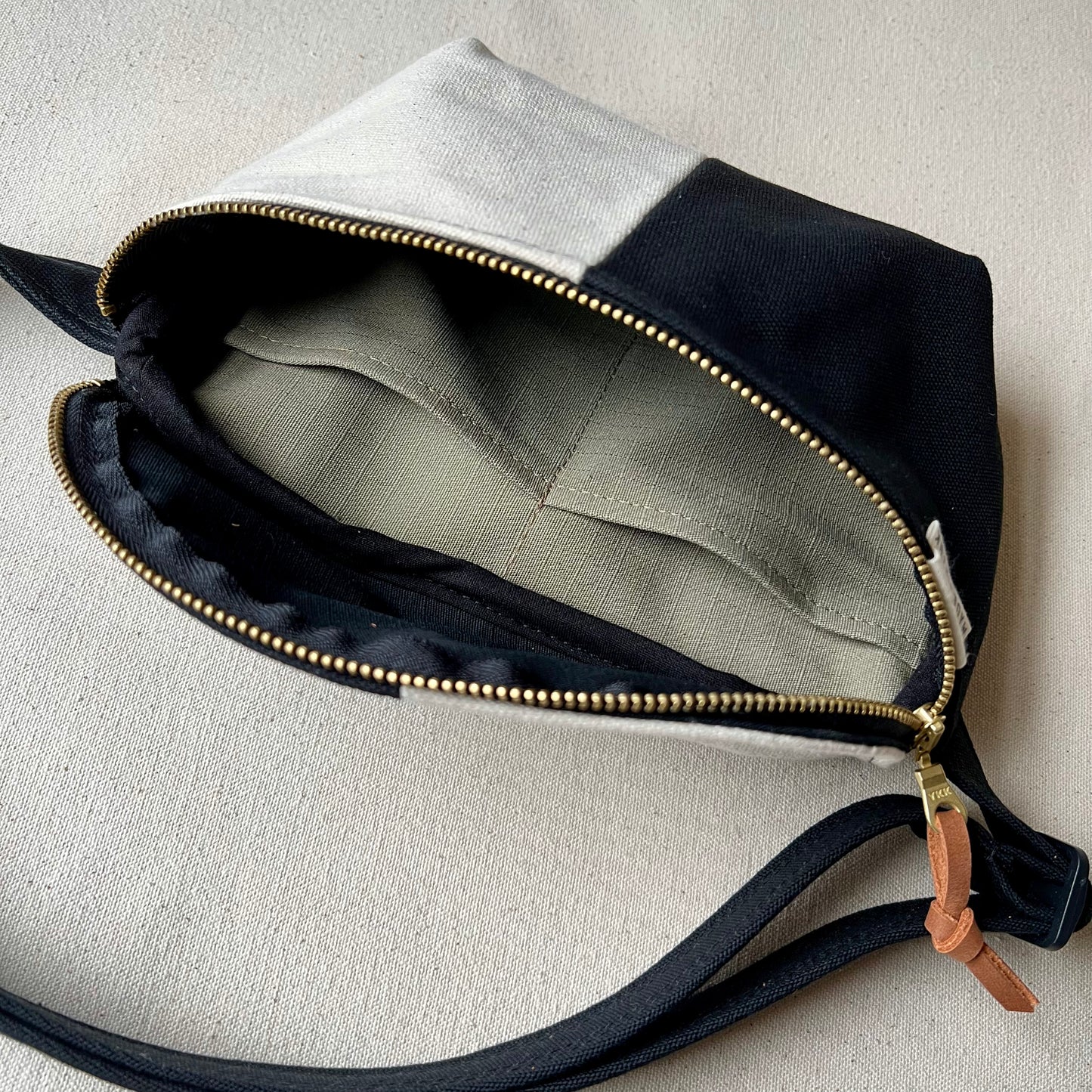two-tone fanny bag, black + natural canvas