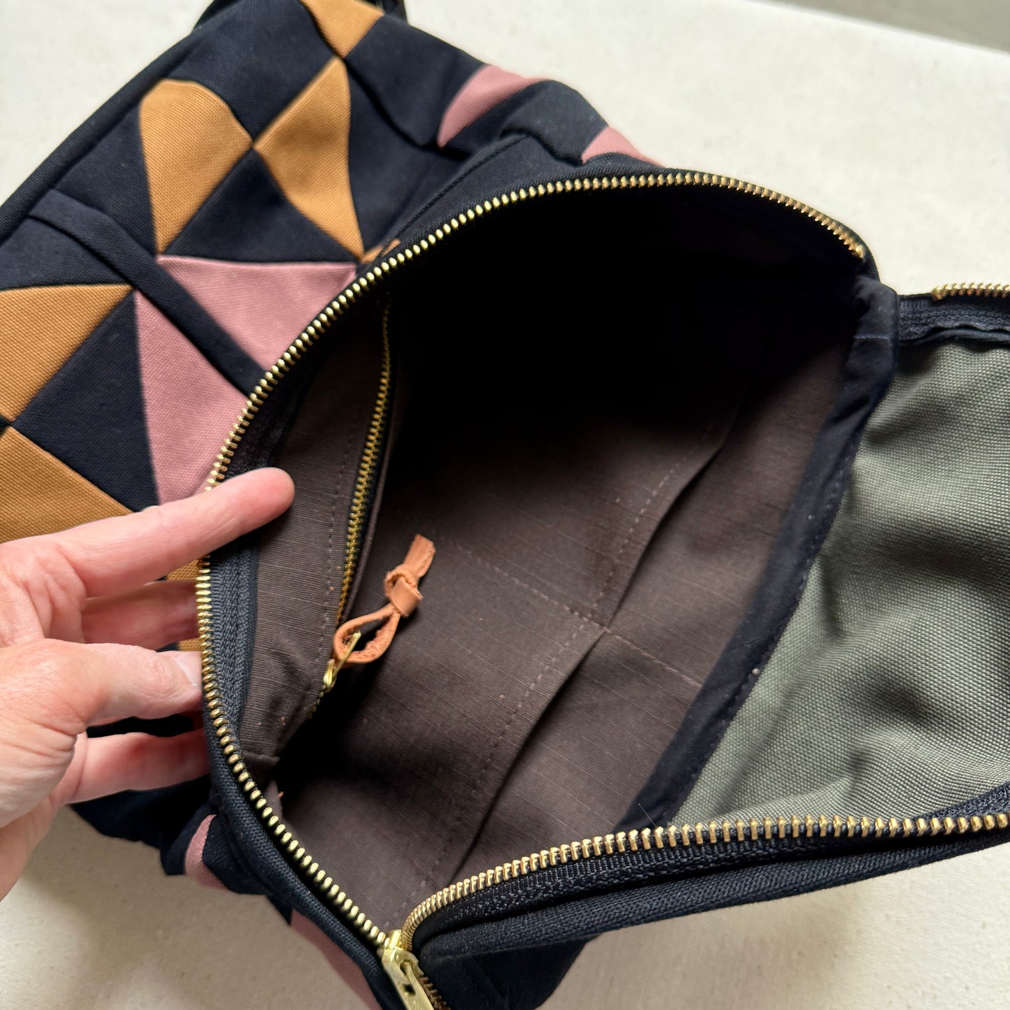 original size backpack, black quilt star with mauve and caramel