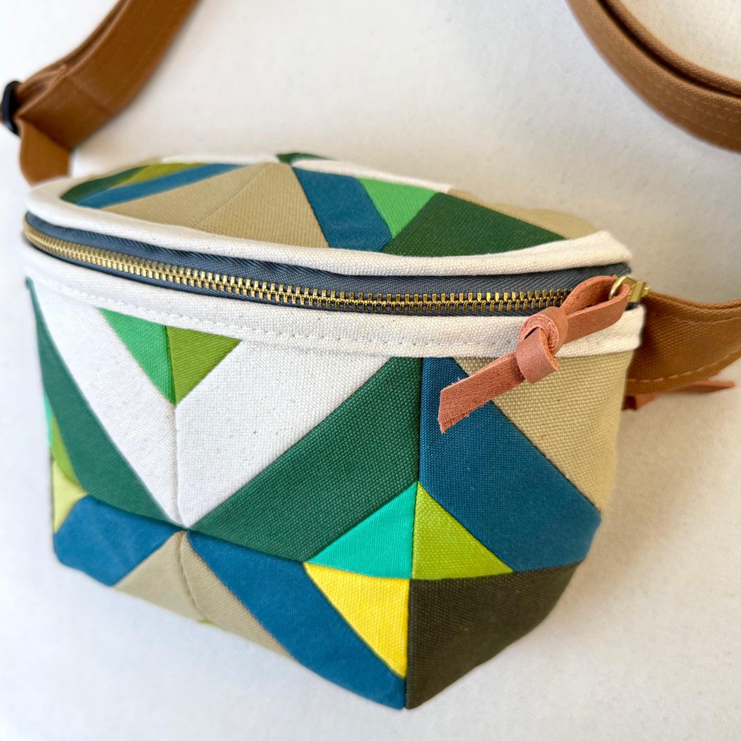 kaleidoscope fanny bag, muted teal/deep jade/aqua/lemon