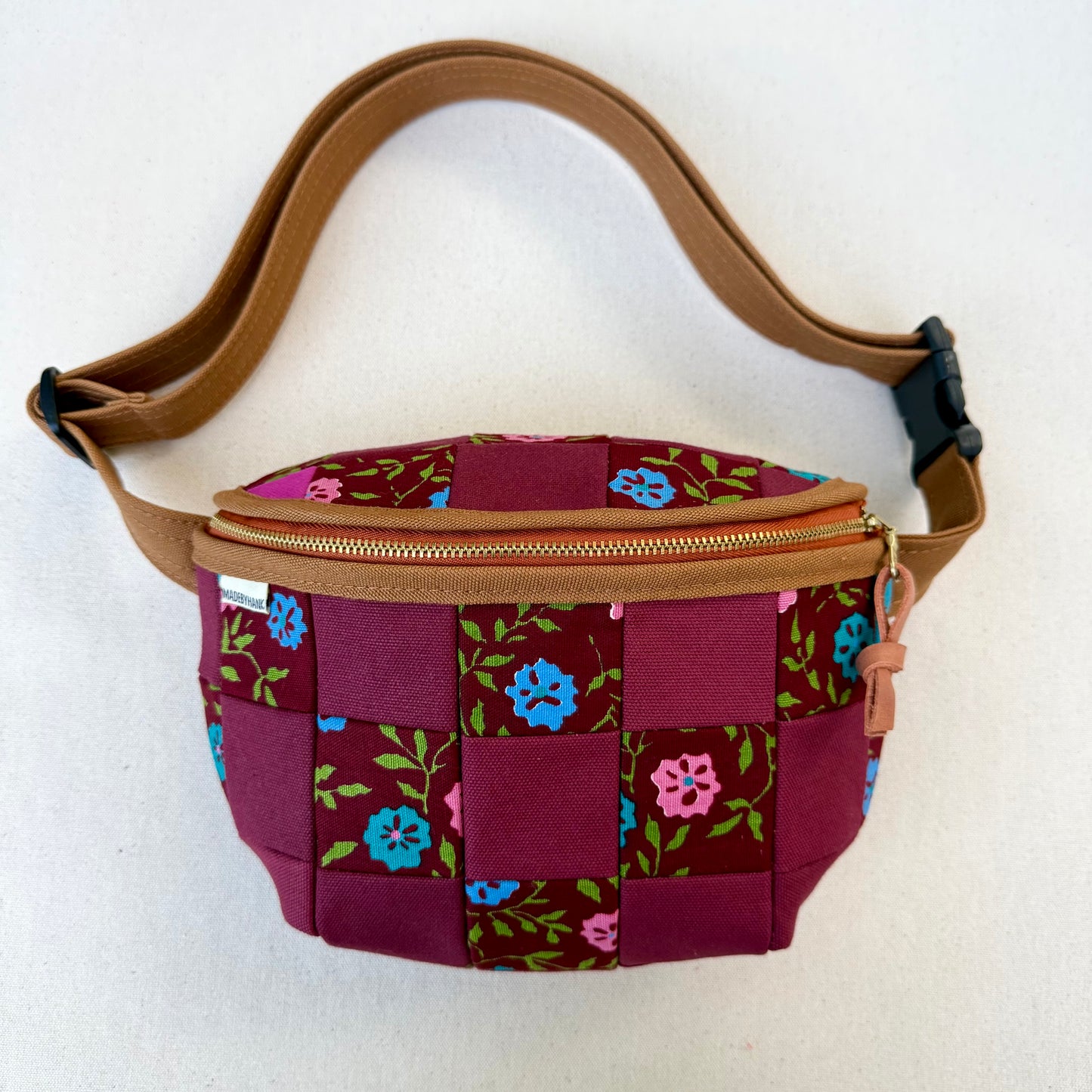 checkerboard fanny bag, wine and vintage floral print