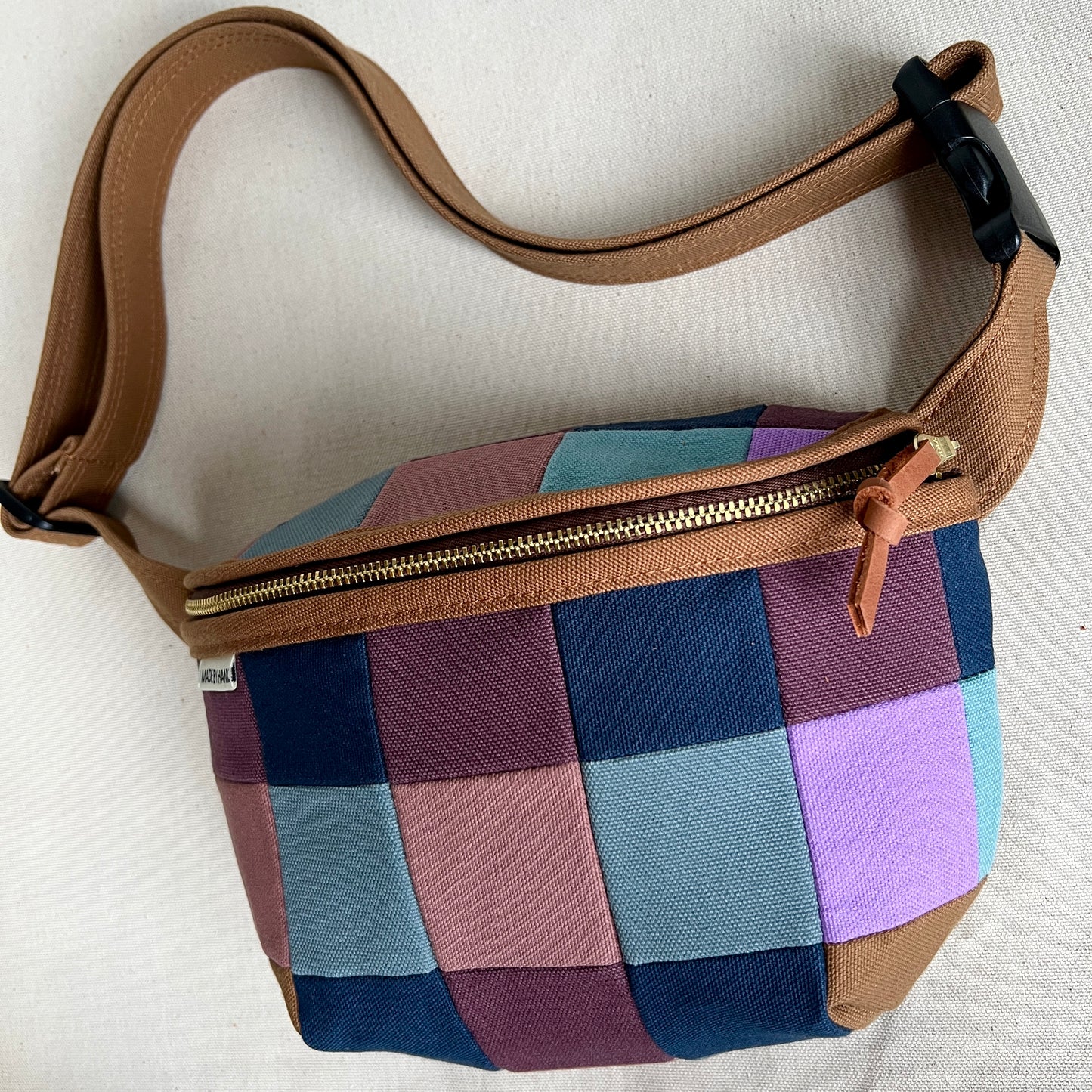 checkerboard plaid fanny bag, mauve/navy/steel/dried plum