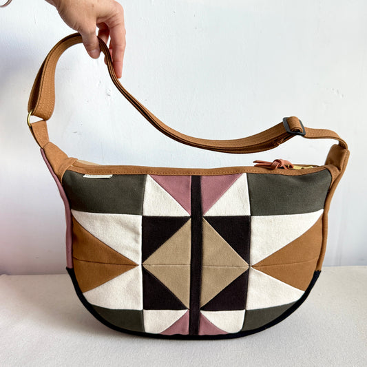 crescent shoulder bag, caramel with mauve/forest/natural/espresso