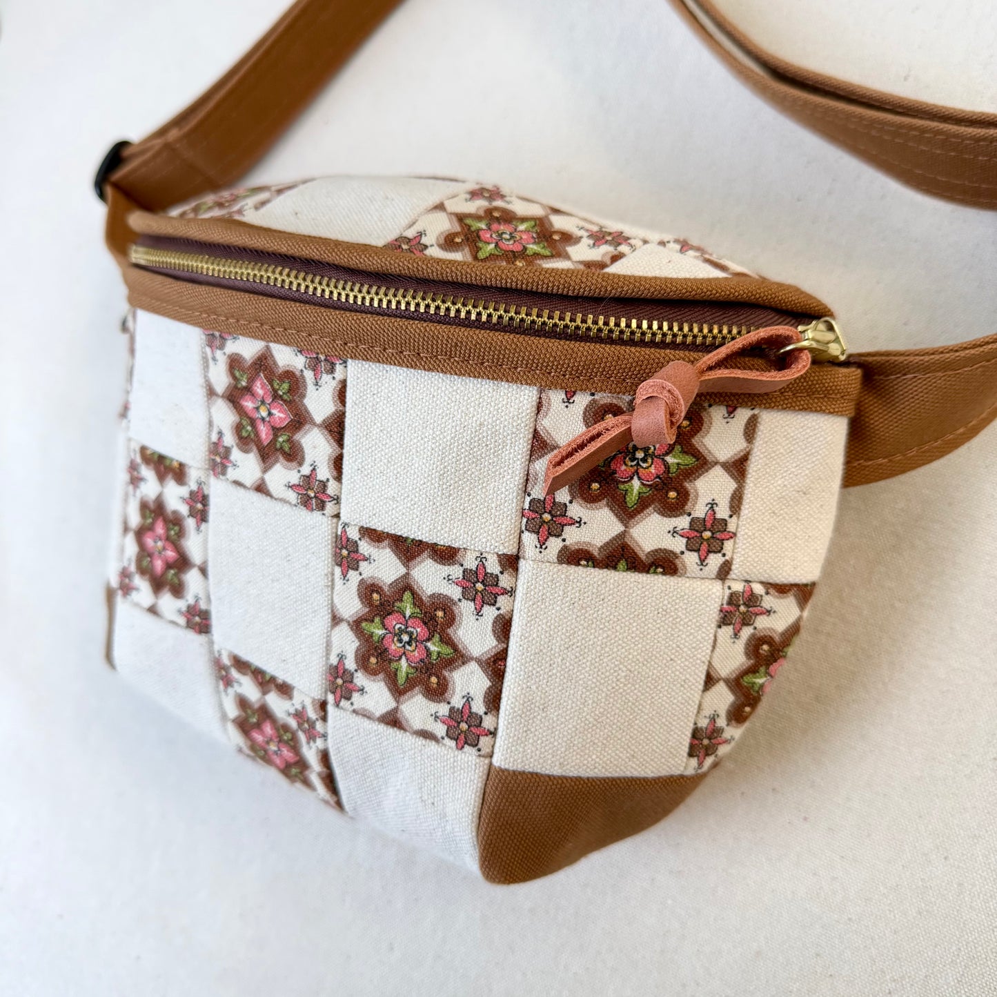 checkerboard fanny bag, natural with caramel + mauve vintage print
