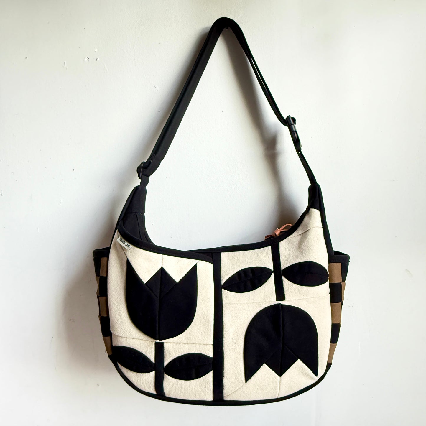 **PRE-ORDER** Large Crescent Shoulder Bag, Natural with Black Tulips