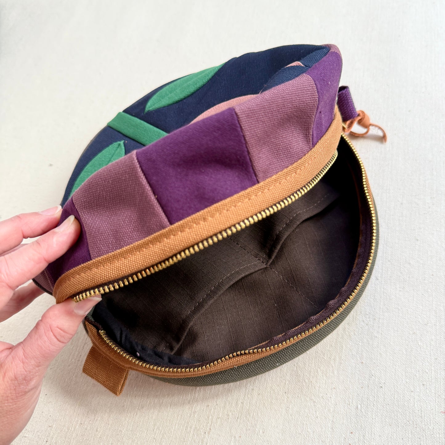 circle bag, midnight blue with mauve tulip and plum+eggplant checkerboard