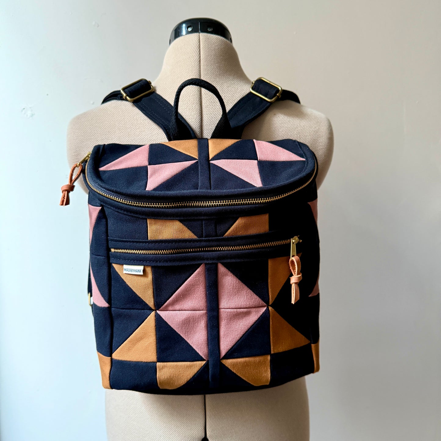 original size backpack, black quilt star with mauve and caramel
