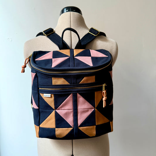 original size backpack, black quilt star with mauve and caramel