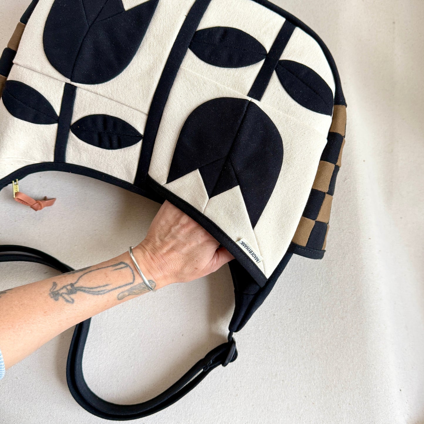 **PRE-ORDER** Large Crescent Shoulder Bag, Natural with Black Tulips