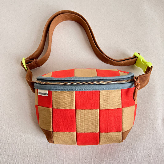 checkerboard fanny bag, honey/flaming hot orange/slate blue (neon buckle!)