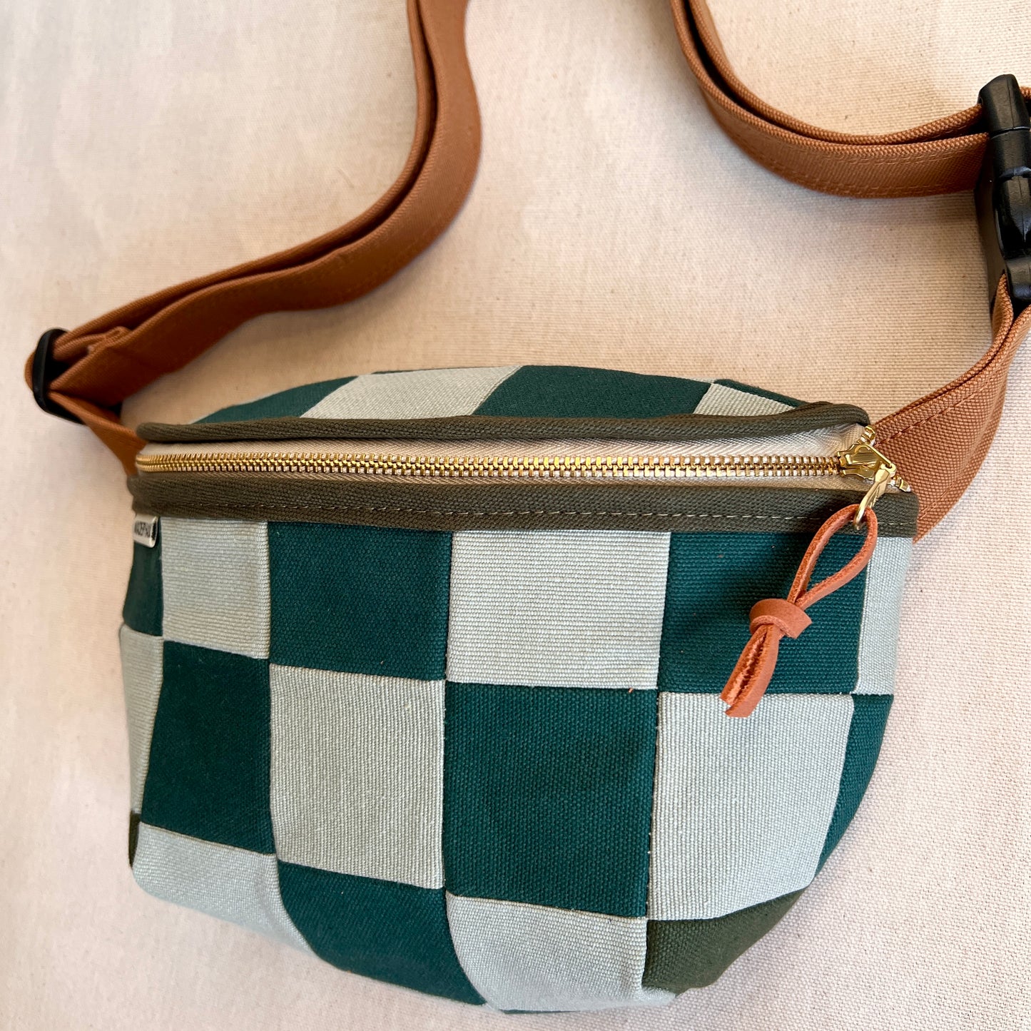 checkerboard fanny bag, spruce + mint